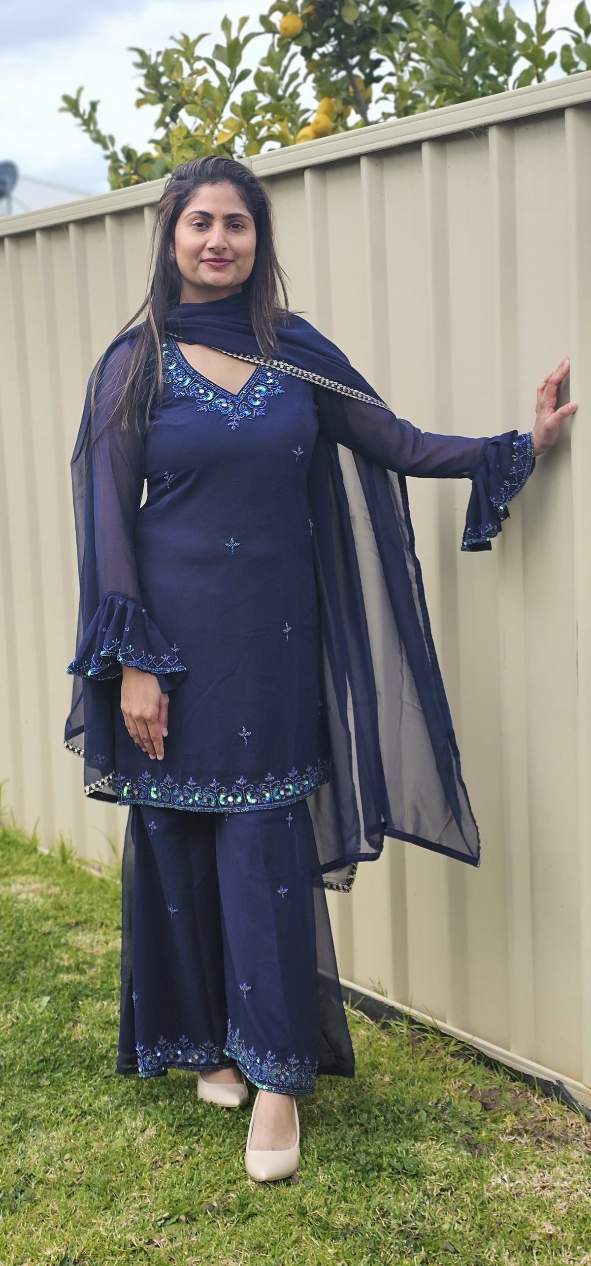 Navy Blue Embroidered Chiffon Kurti Set
