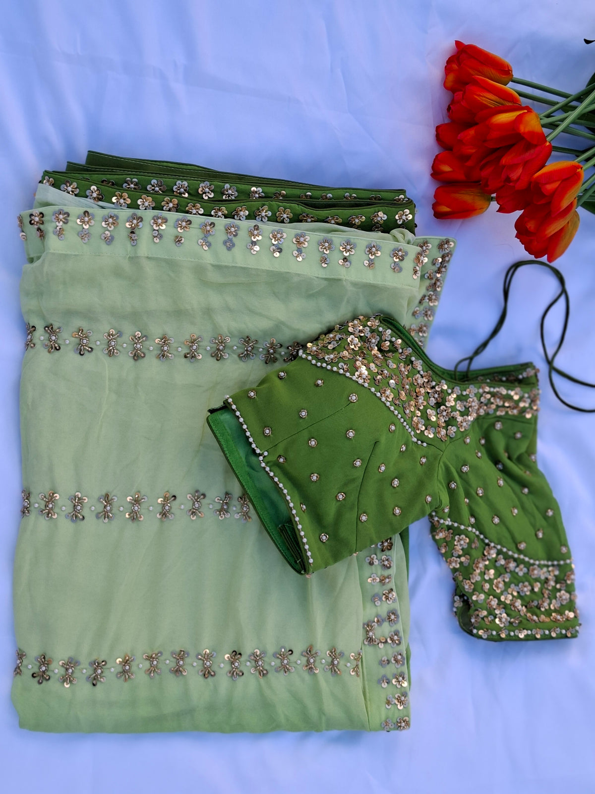 Emerald Green Sequin Embroidered Georgette Saree with Stitched Blouse