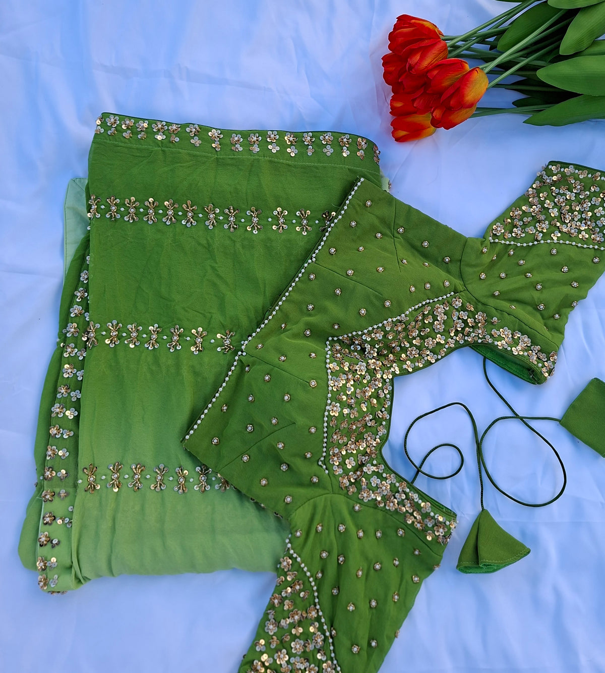 Emerald Green Sequin Embroidered Georgette Saree with Stitched Blouse