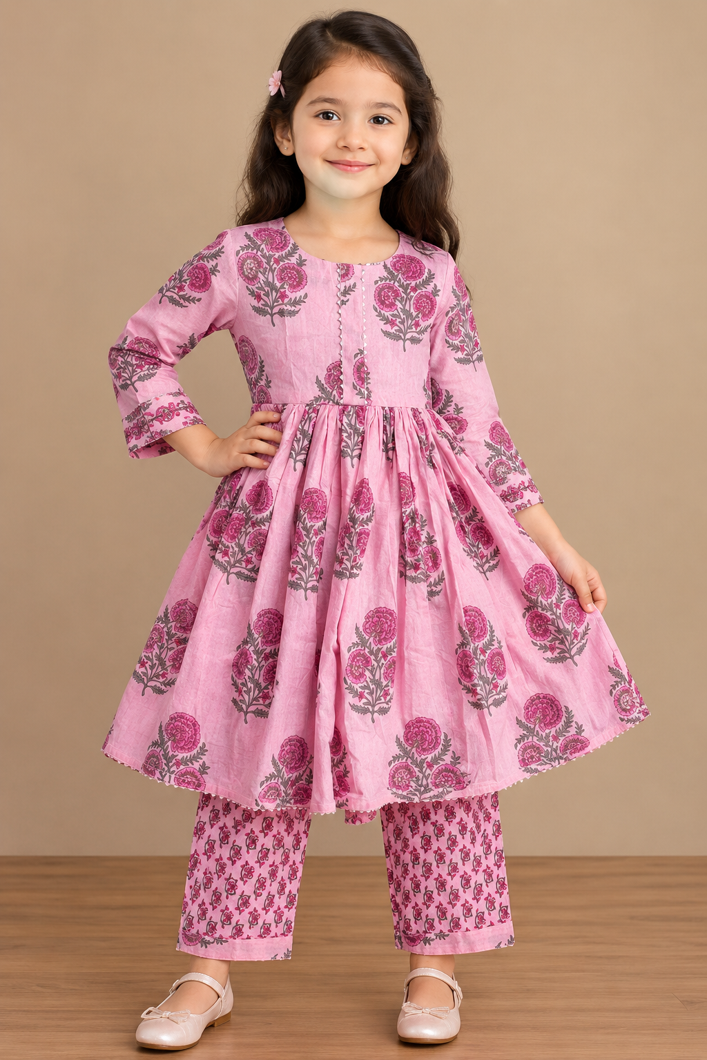 Kids Cotton Kurta Salwar Set - Pink Floral Block Print
