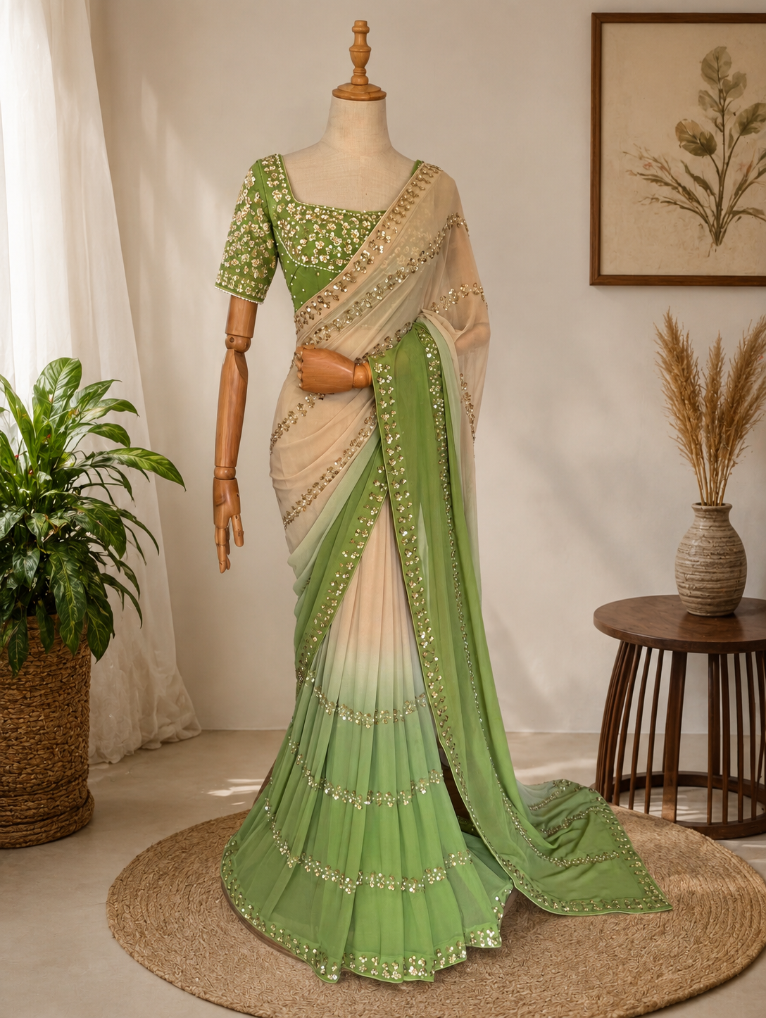 Emerald Green Sequin Embroidered Georgette Saree with Stitched Blouse