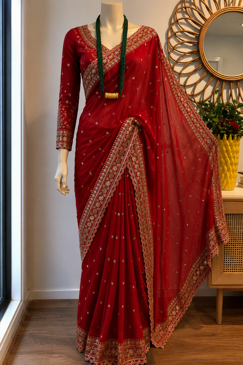 Crimson Georgette Saree with Scalloped zari border