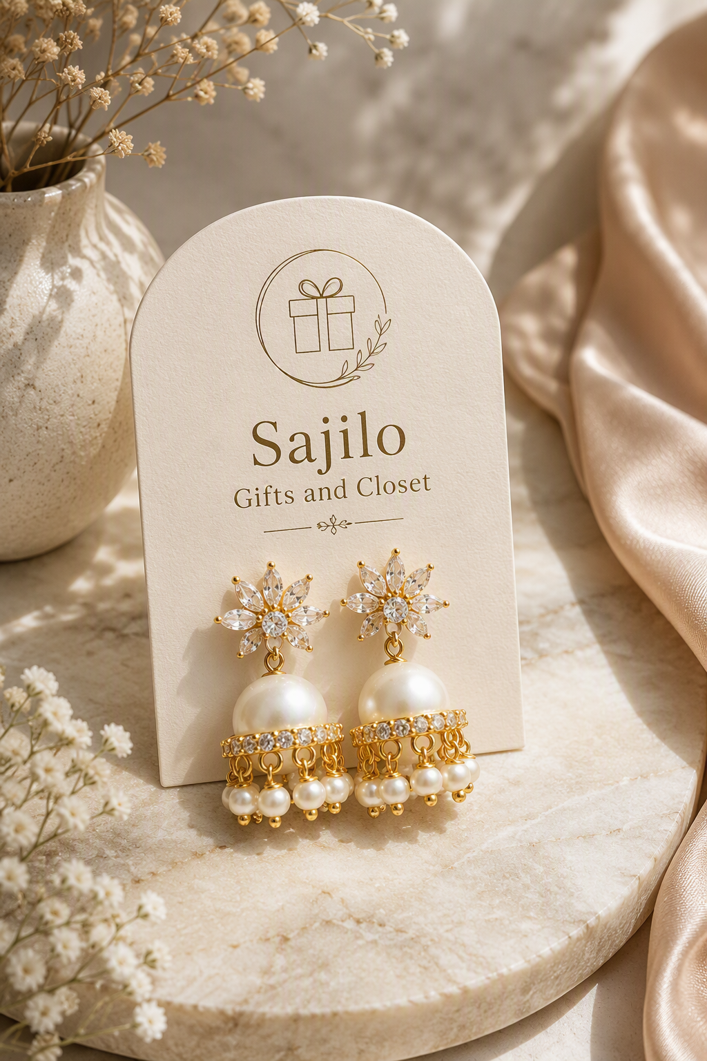 Gold Floral Marquise Stone and Pearl Drop Jhumka Earrings - Sold Out