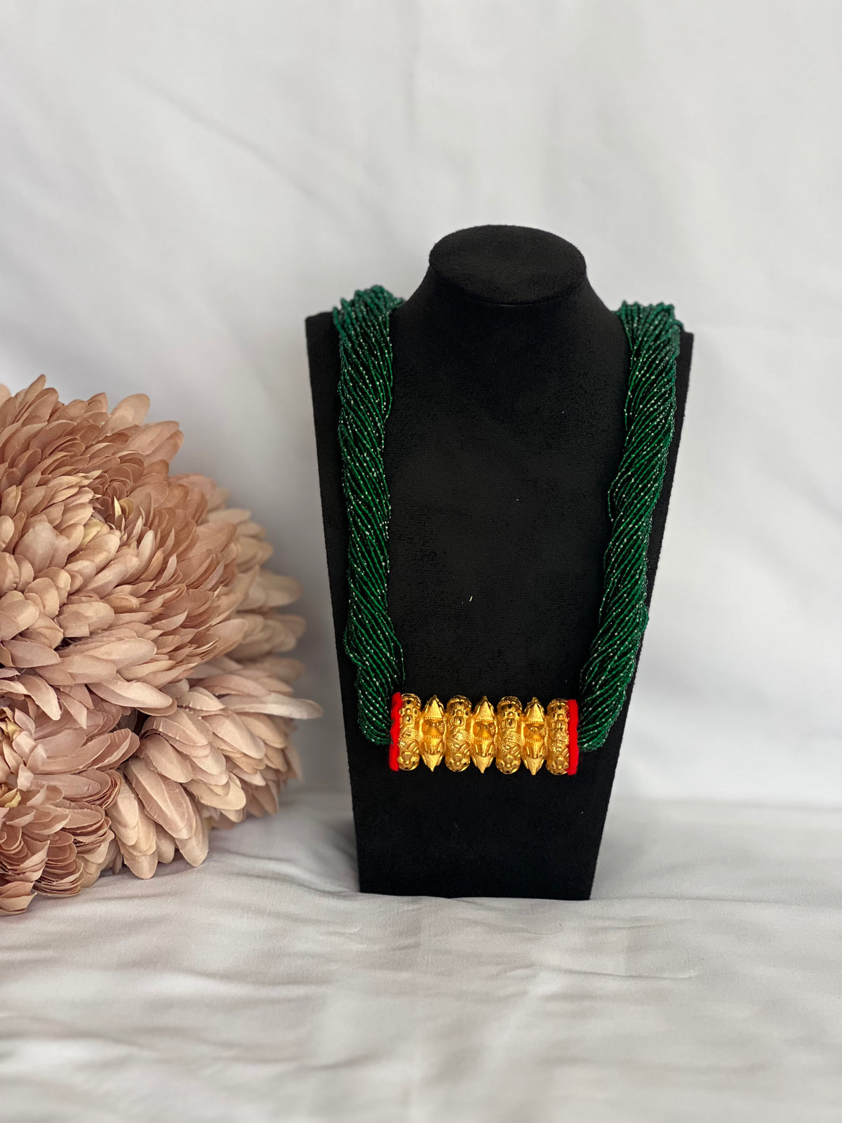 Nepali Maili Tilhari Hydro Necklace — Green Beaded Traditional Tilhari with Gold-Tone | Bridal & Teej Jewellery