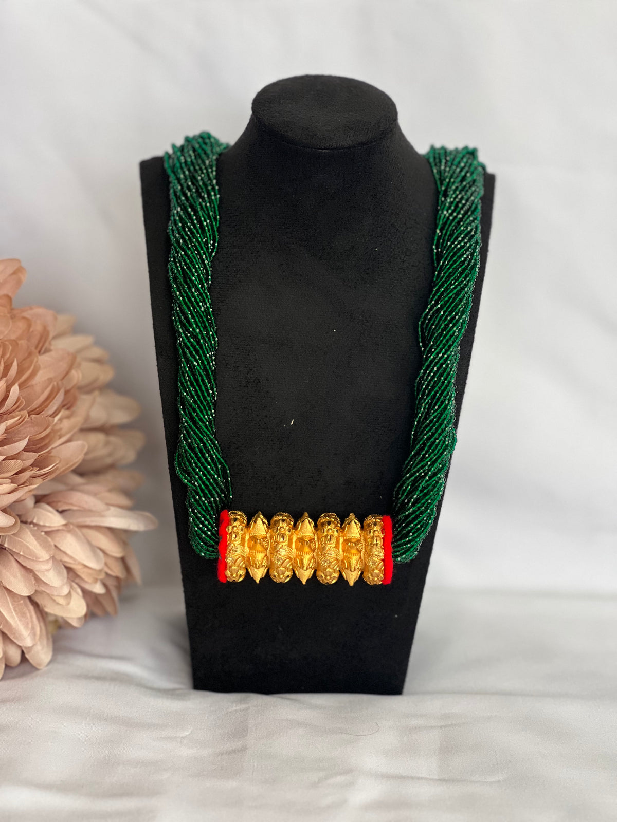 Nepali Maili Tilhari Hydro Necklace — Green Beaded Traditional Tilhari with Gold-Tone | Bridal & Teej Jewellery