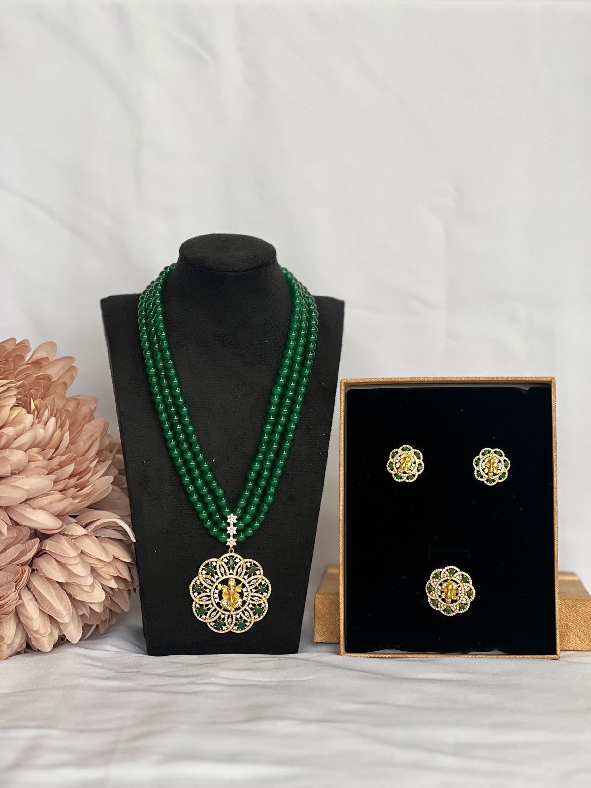 Boutique Ganesh Jade Green Beaded Necklace Set - Sold Out