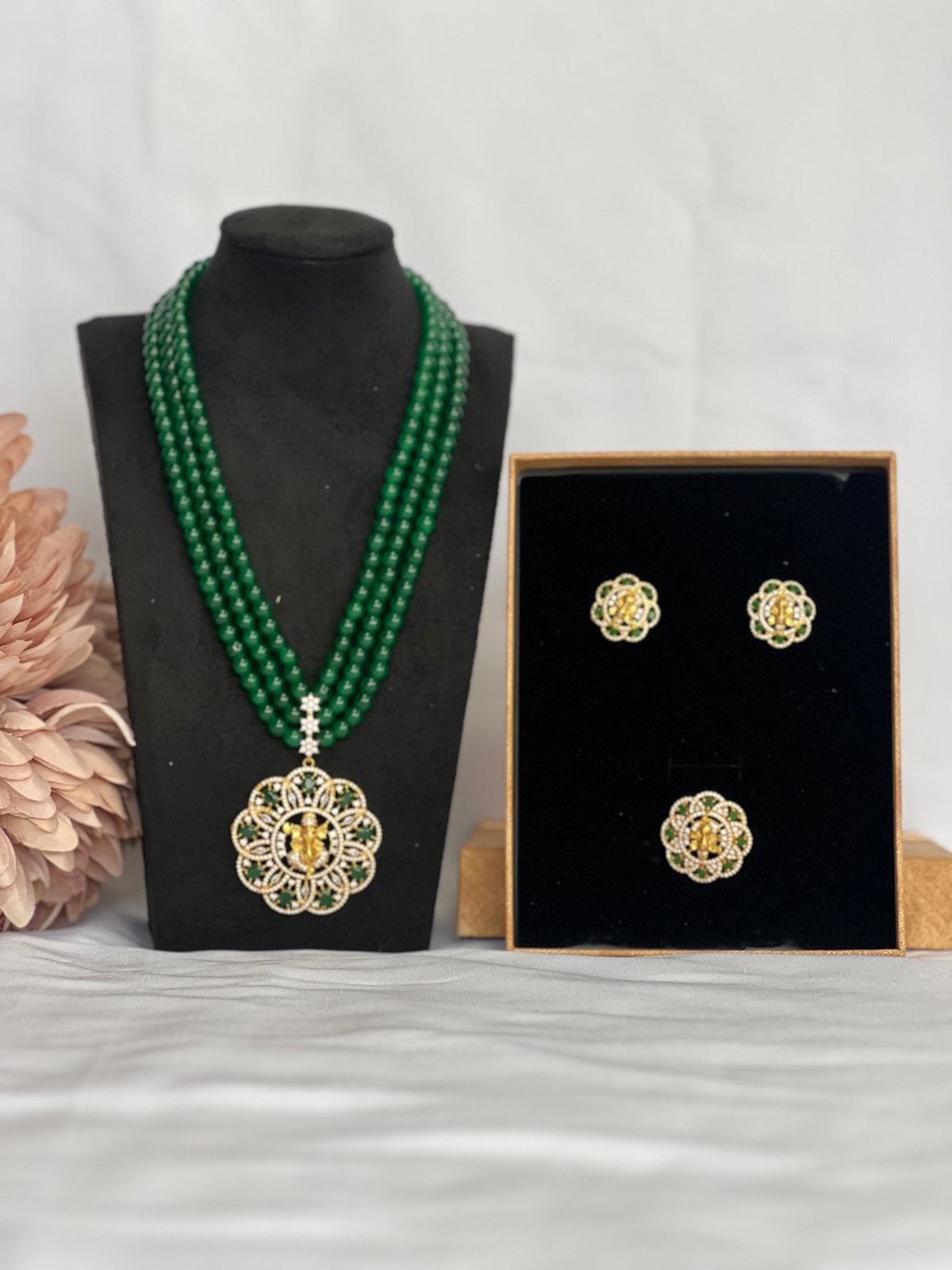 Boutique Ganesh Jade Green Beaded Necklace Set - Sold Out