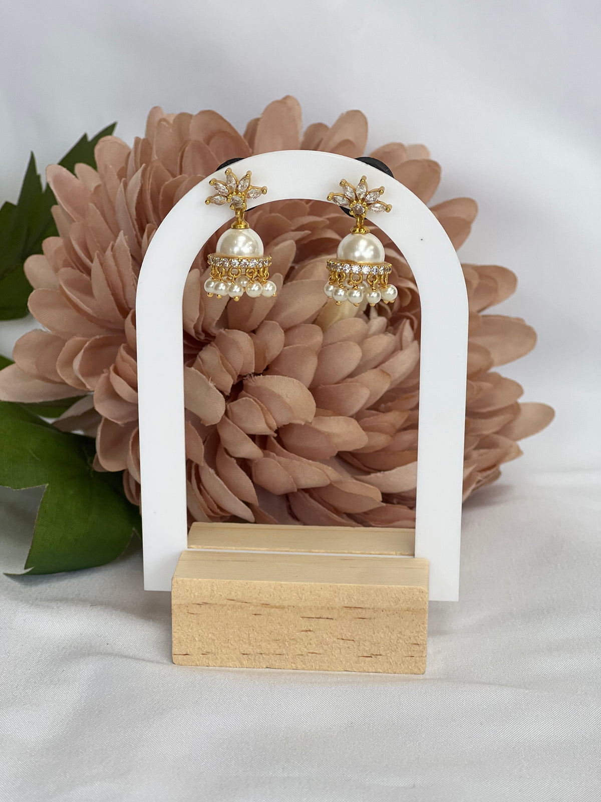 Gold Floral Marquise Stone and Pearl Drop Jhumka Earrings - Sold Out