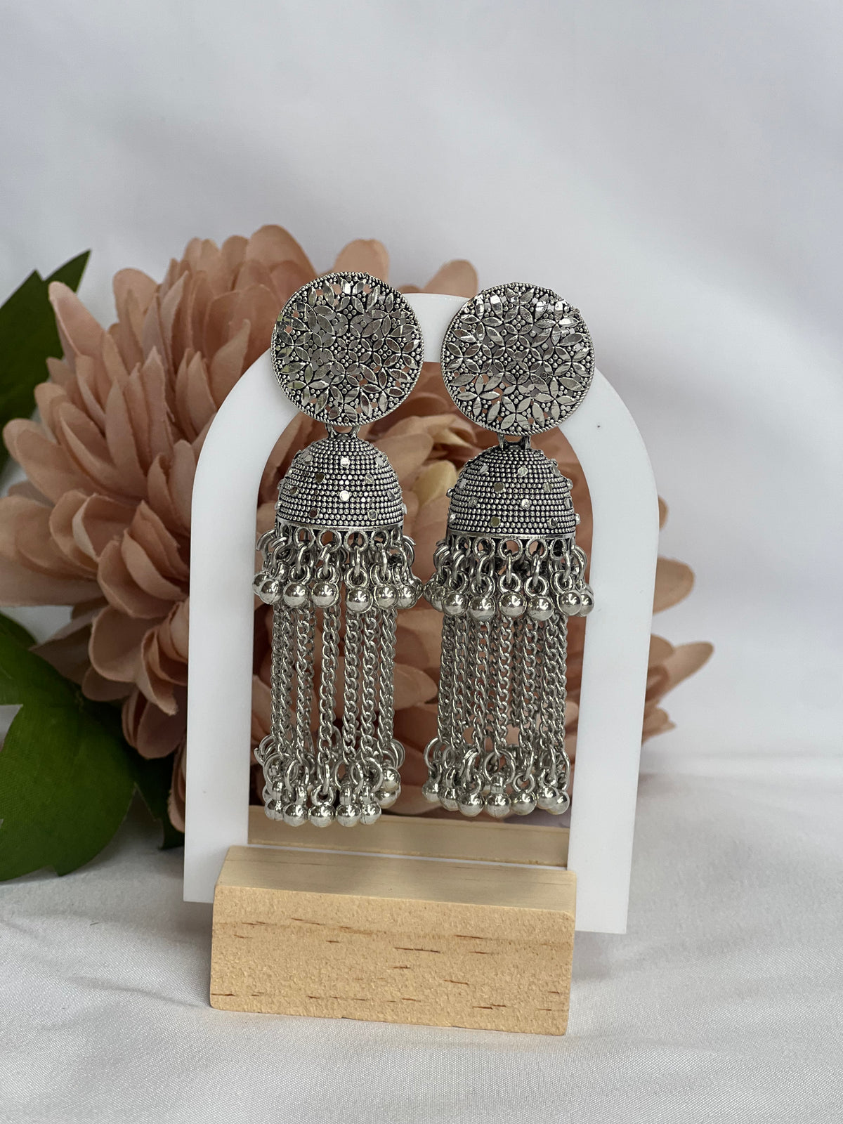 Large Silver Oxidised Jhumka Earrings with Chain Tassels & Ghungroo Bells
