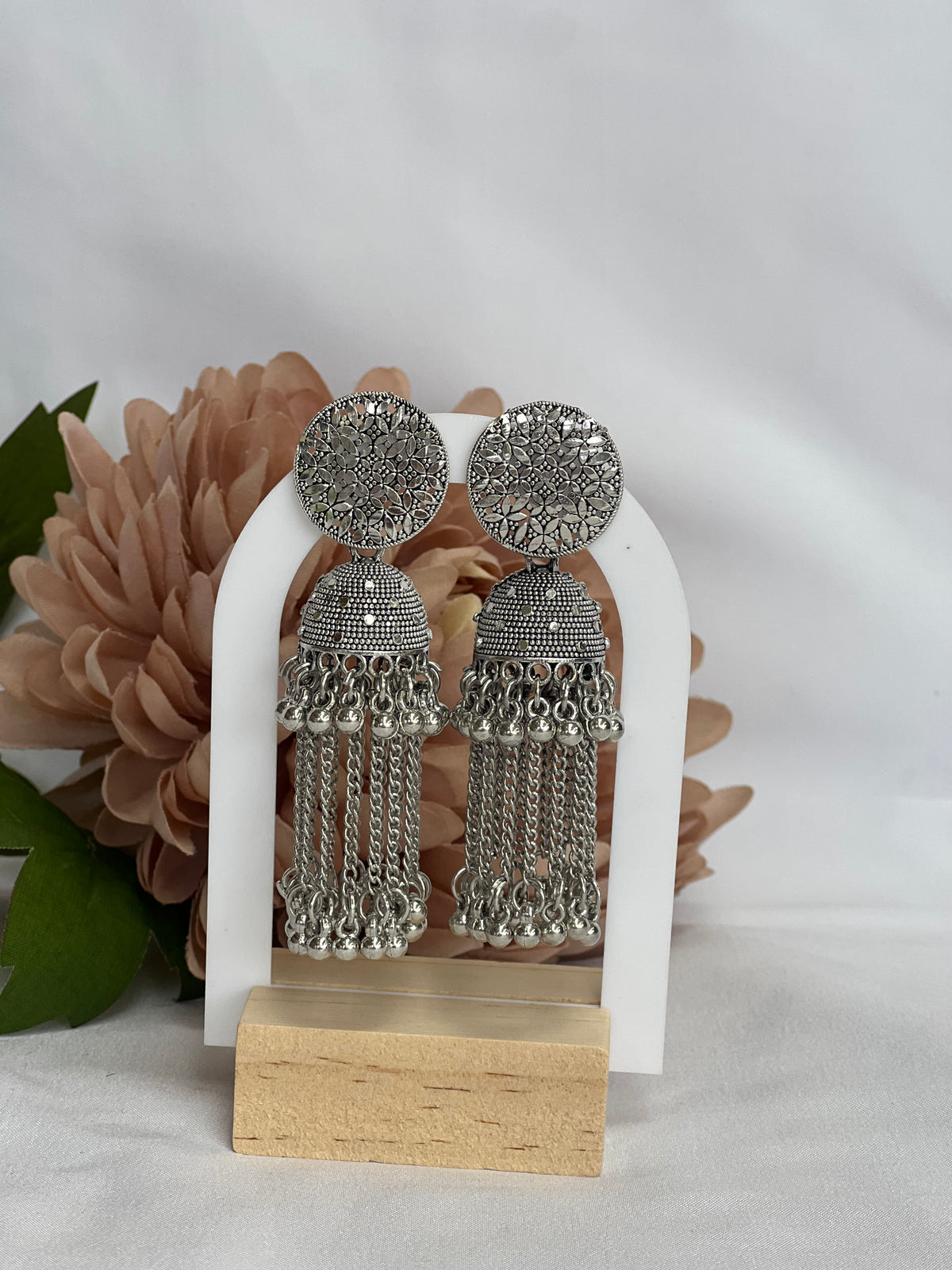 Large Silver Oxidised Jhumka Earrings with Chain Tassels & Ghungroo Bells