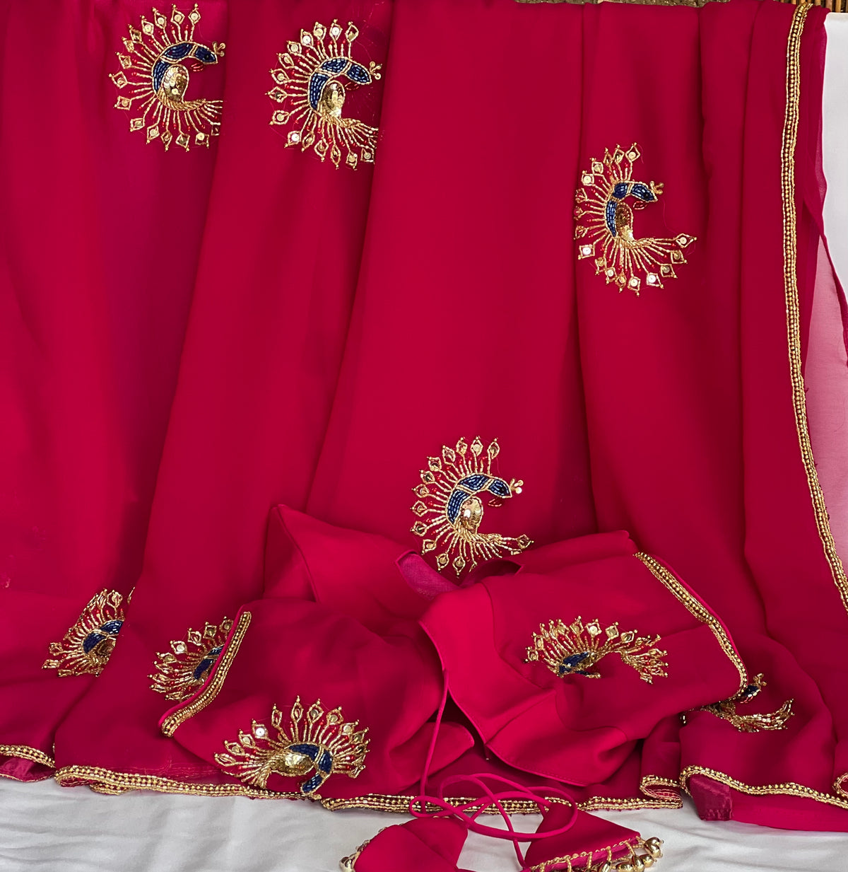 Boutique Saree Set — Deep Crimson Red Peacock Butti