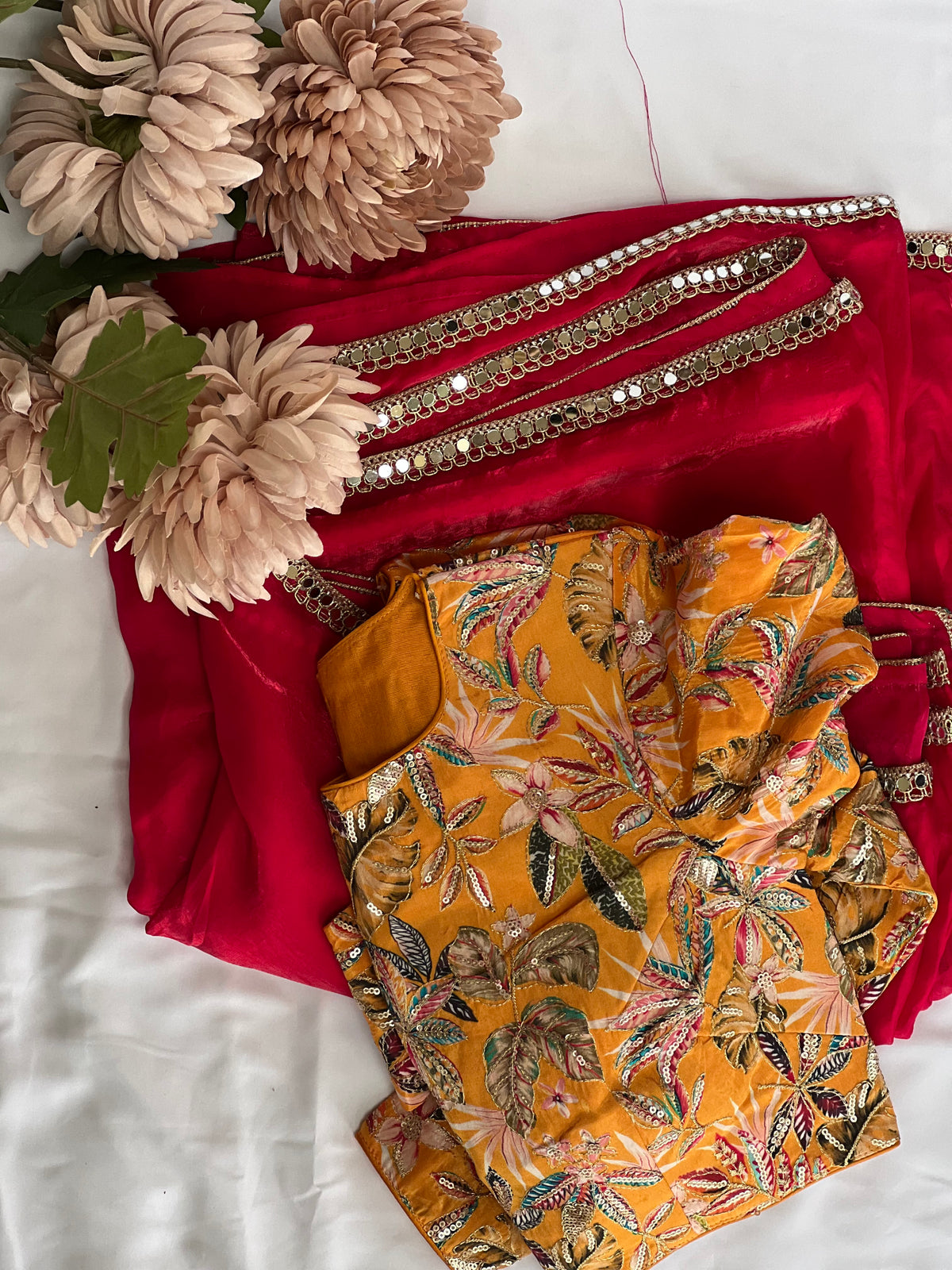 Boutique Saree Set — Deep Red Silk & Golden Yellow Embroidered Blouse