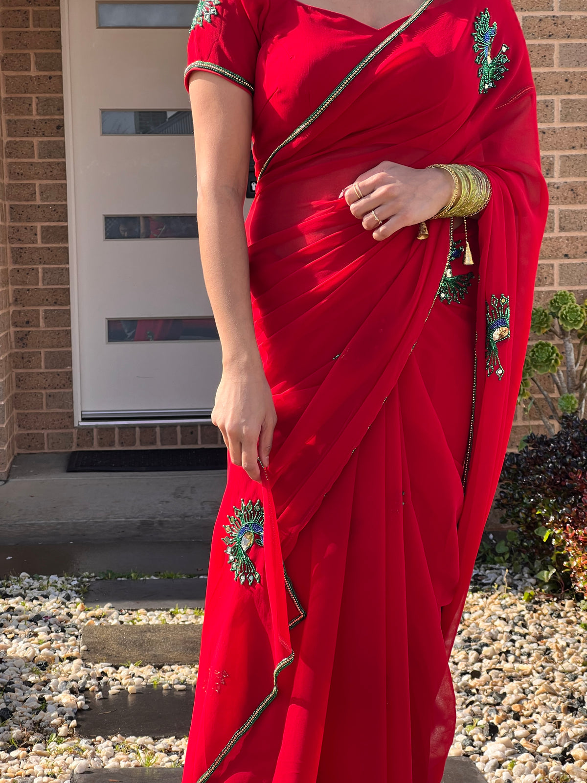 Boutique Saree Set — Deep Crimson Red Peacock Butti