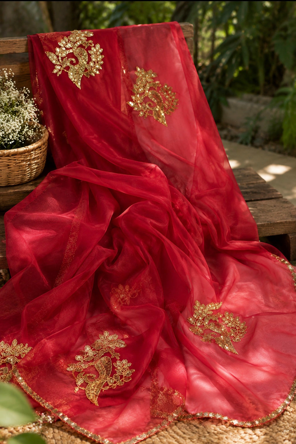 Red Georgette Saree with Gold Embroidery