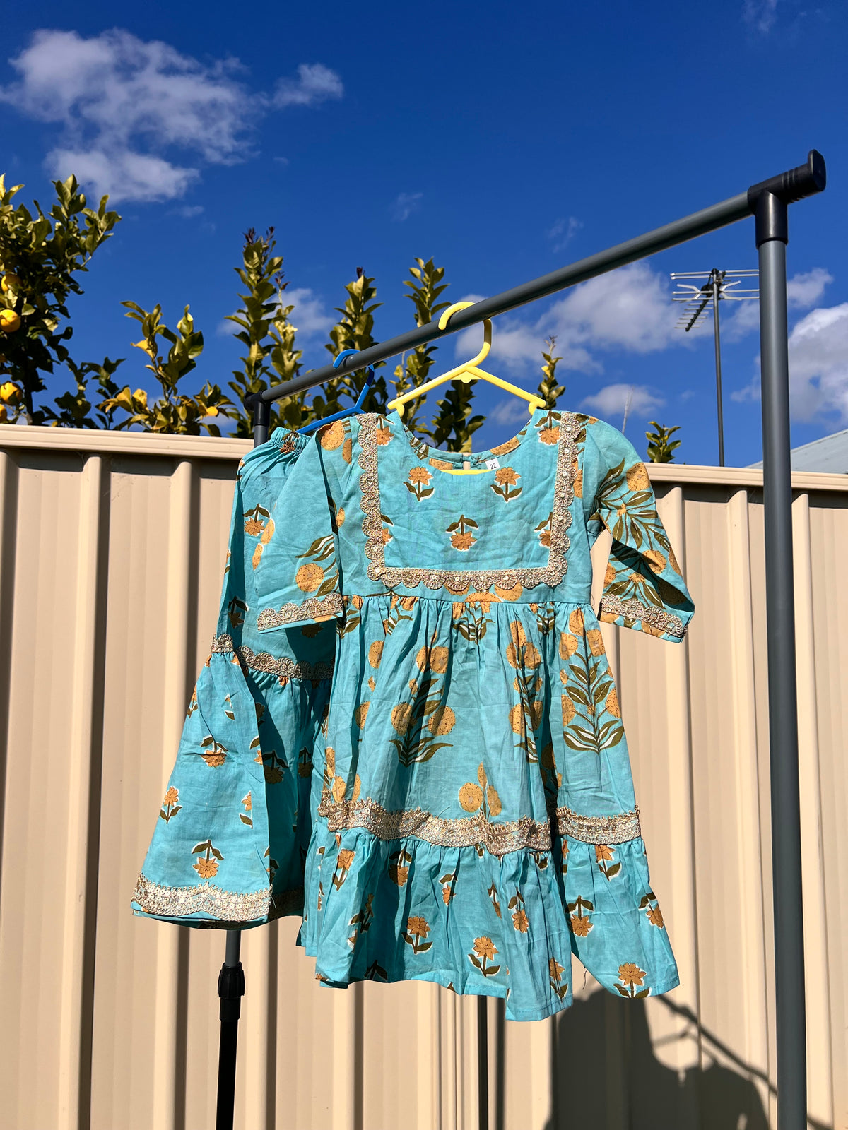 Kids Kurta Set - Teal Floral Block Print