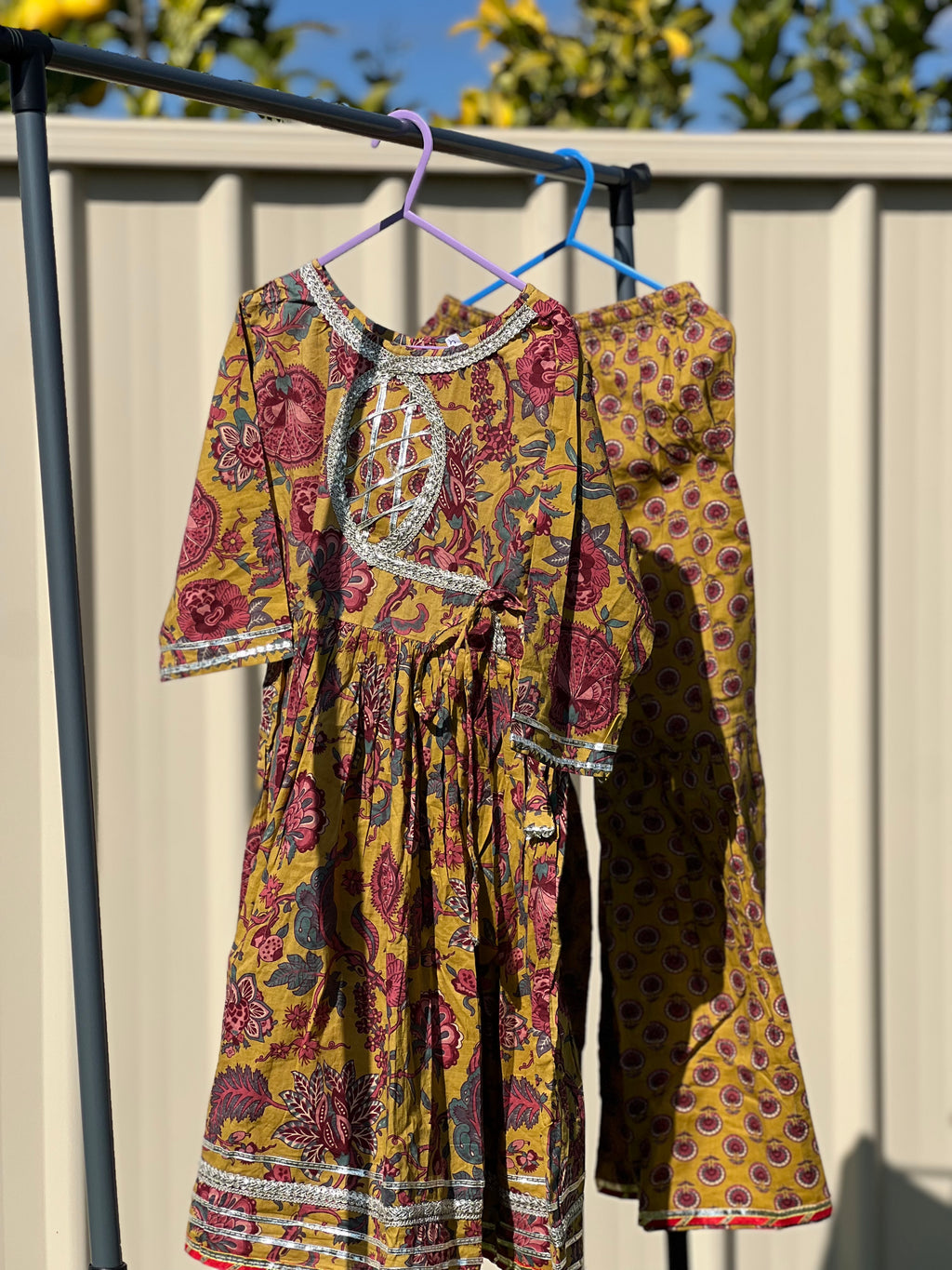 Kids Cotton Kurta Set - Mustard Floral Print