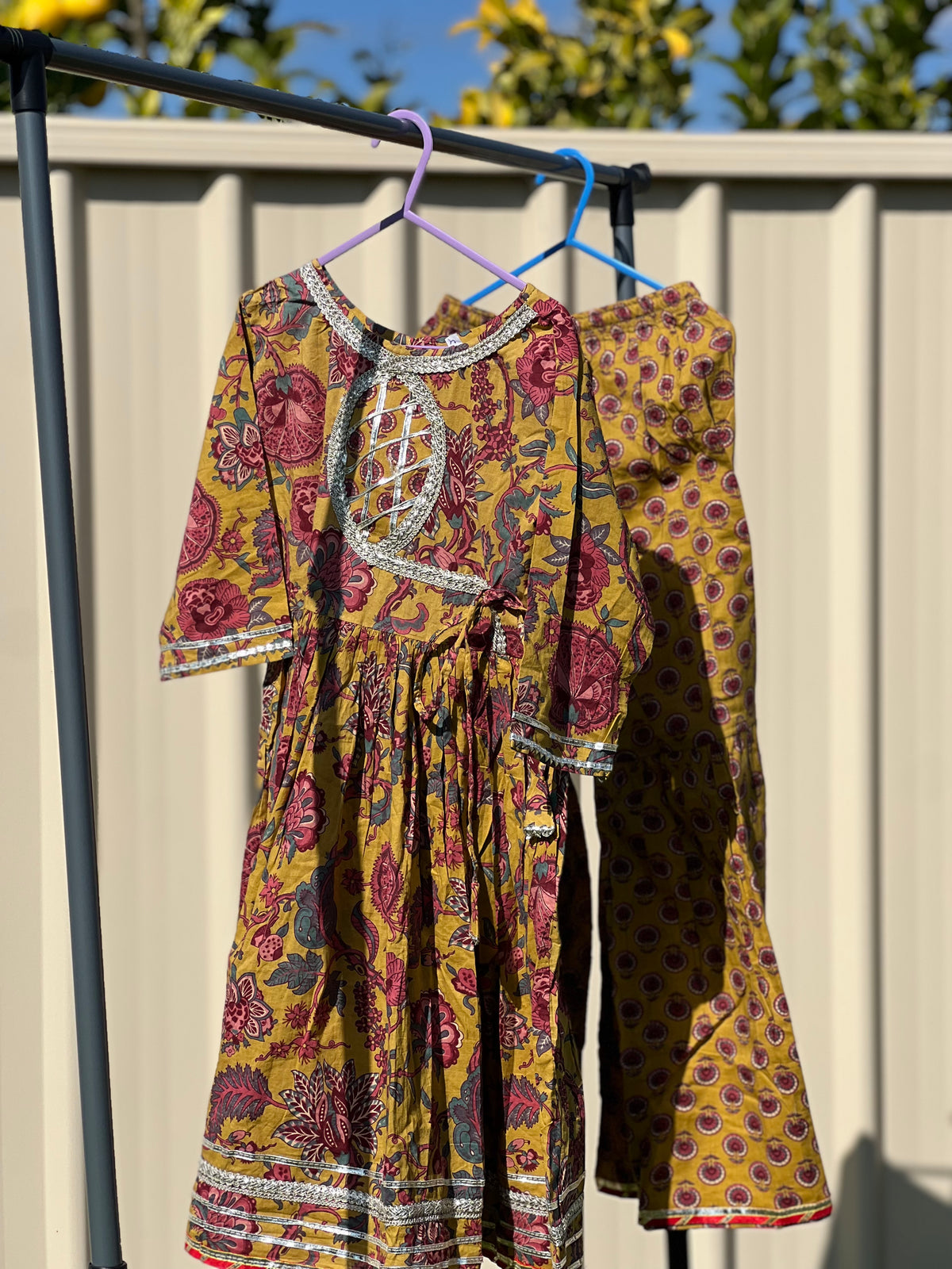 Kids Cotton Kurta Set - Mustard Floral Print