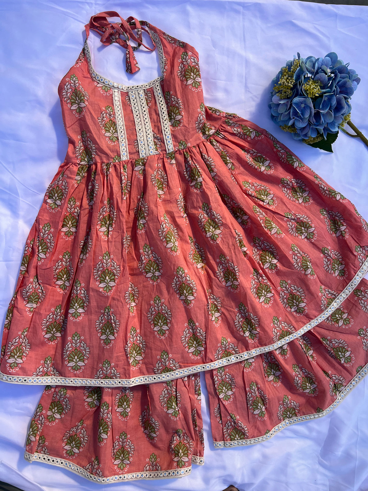 Kids Festive Kuthi — Peach Coral 3-Piece Set