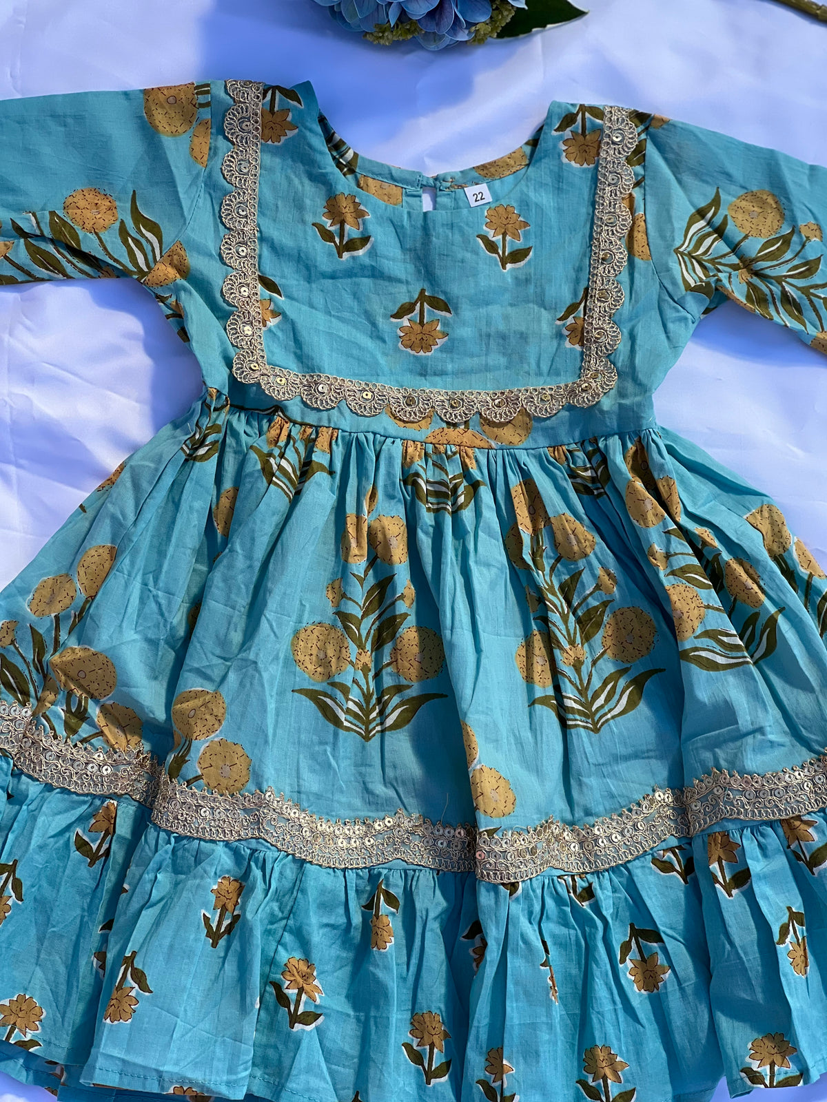 Kids Kurta Set - Teal Floral Block Print