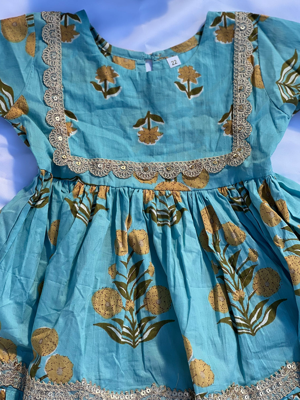 Kids Kurta Set - Teal Floral Block Print