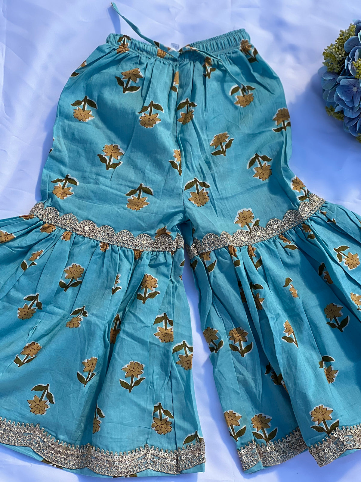 Kids Kurta Set - Teal Floral Block Print