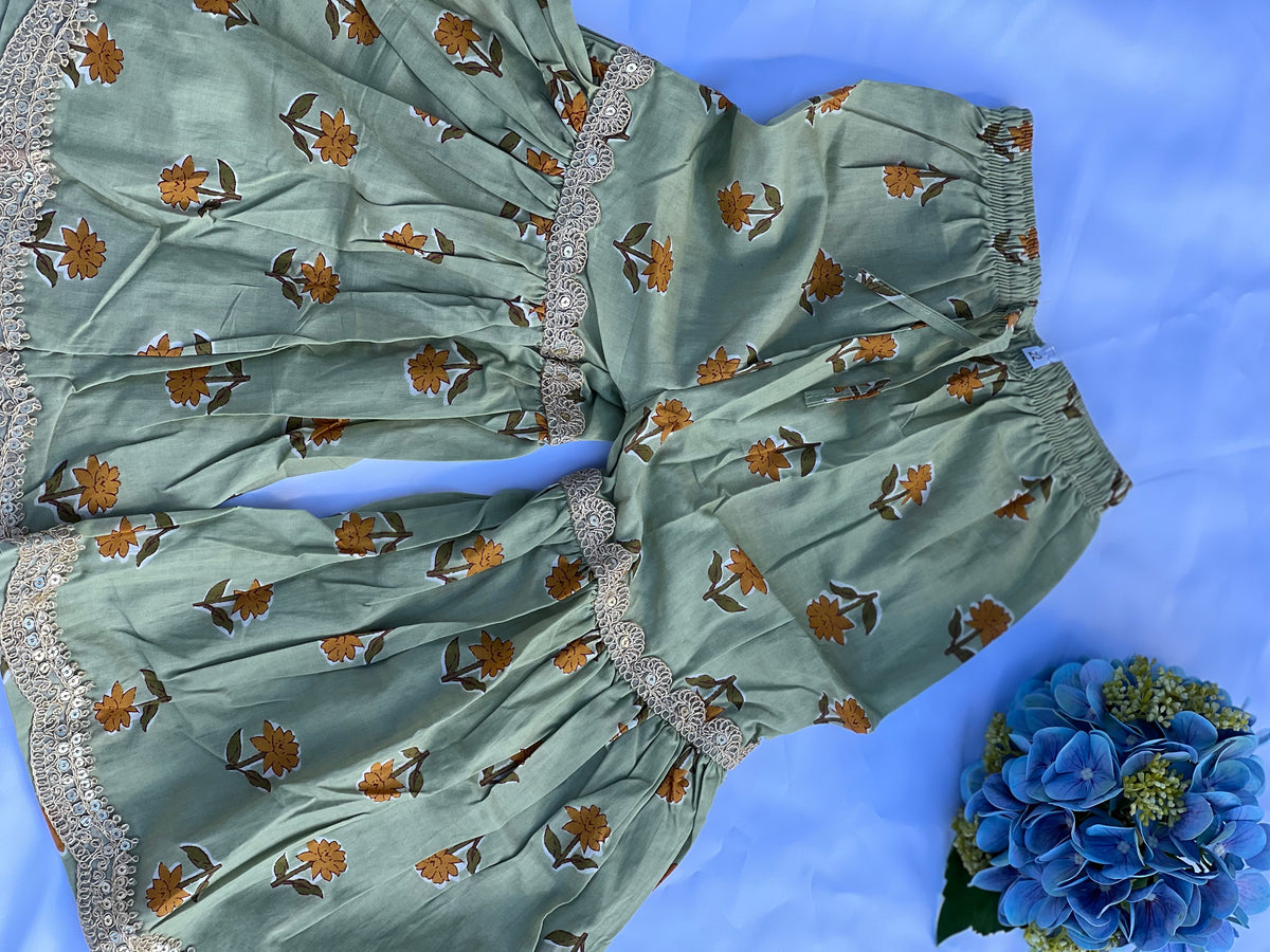 Kids Kurta Set - Sage Green Floral Block Print - Sold Out