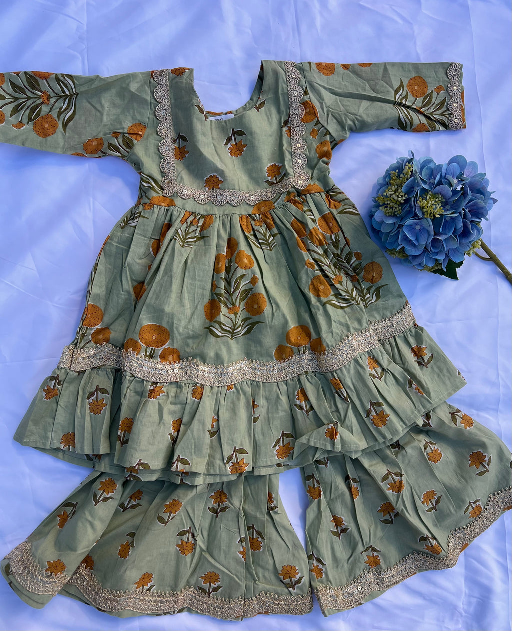 Kids Kurta Set - Sage Green Floral Block Print - Sold Out