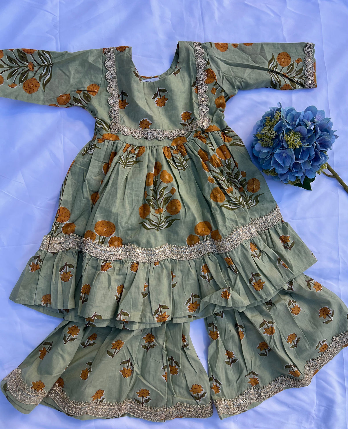 Kids Kurta Set - Sage Green Floral Block Print - Sold Out