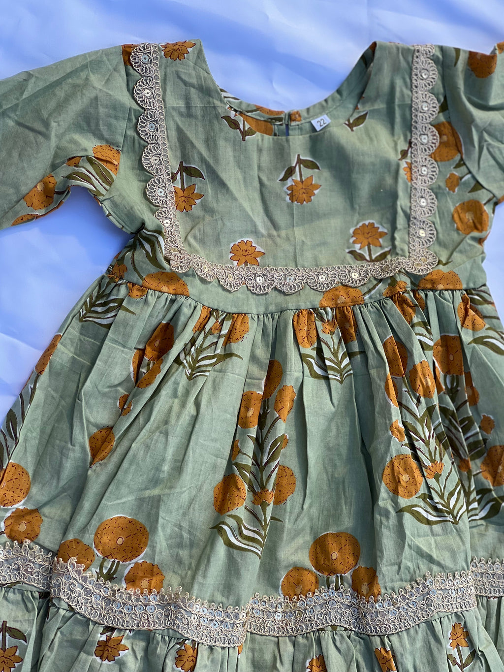 Kids Kurta Set - Sage Green Floral Block Print - Sold Out