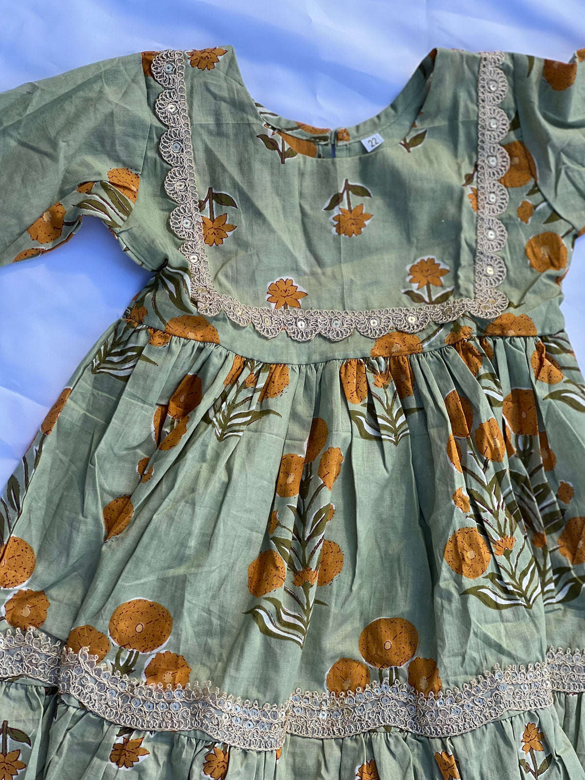 Kids Kurta Set - Sage Green Floral Block Print - Sold Out