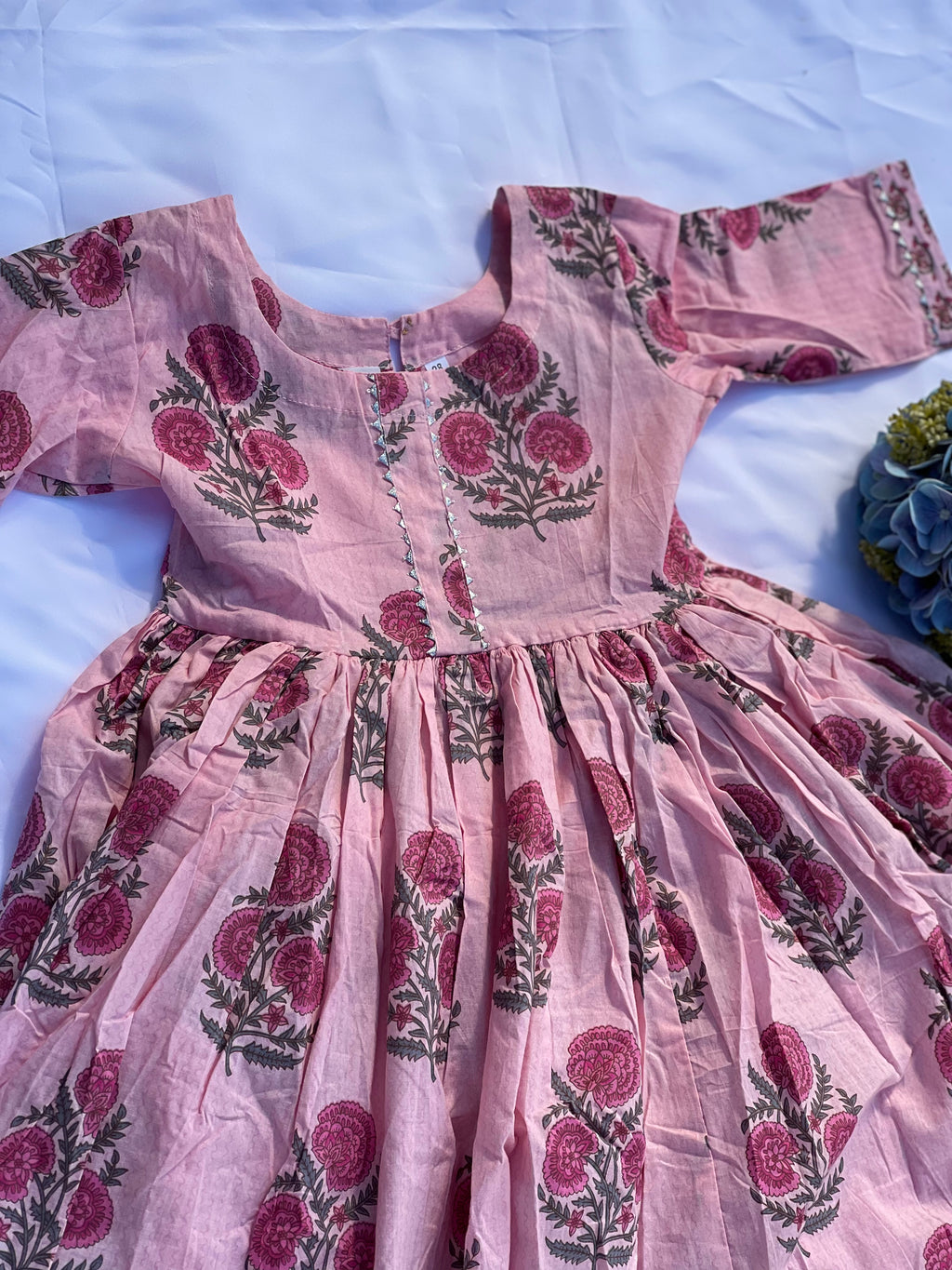 Kids Cotton Kurta Salwar Set - Pink Floral Block Print