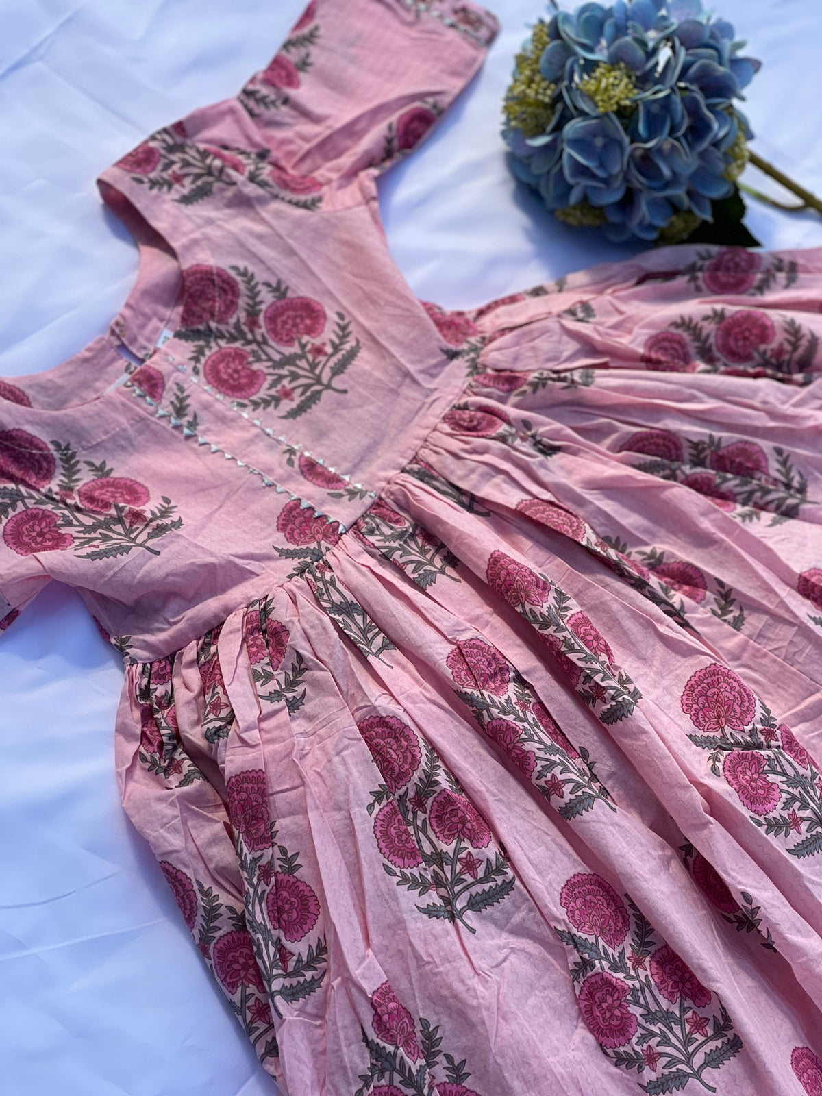 Kids Cotton Kurta Salwar Set - Pink Floral Block Print