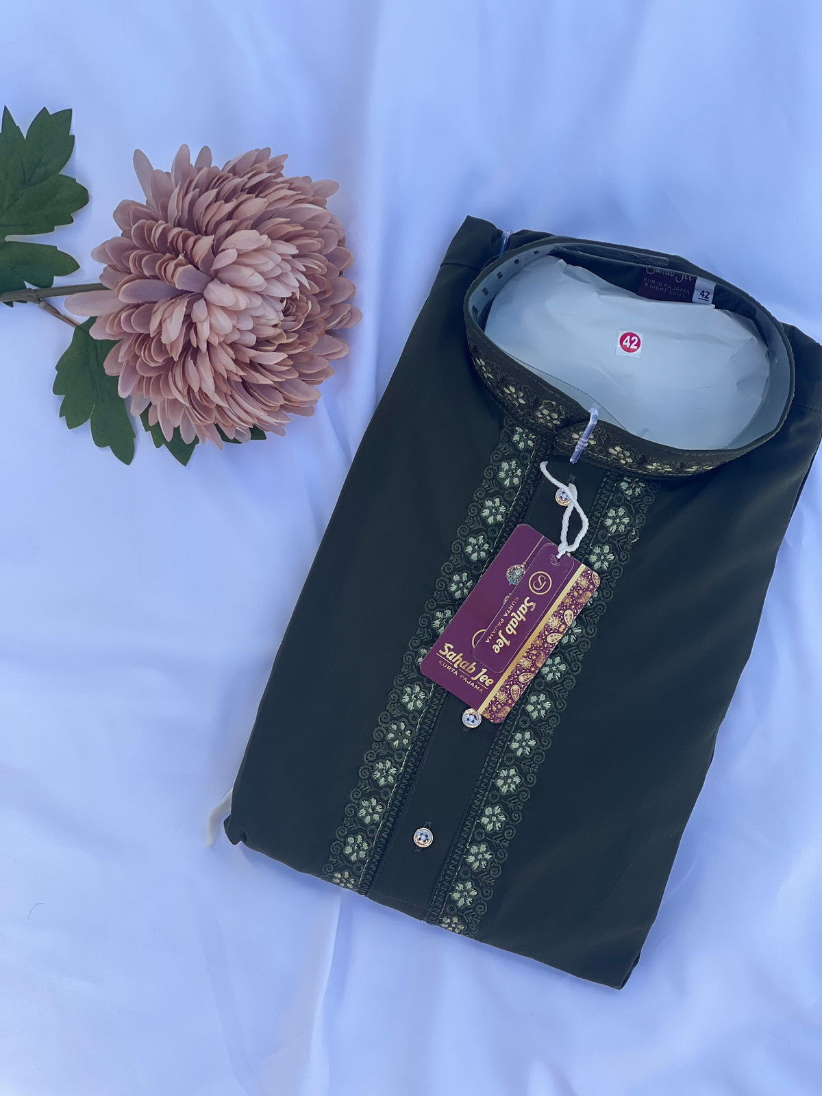 Men's Olive Green Embroidered Kurta with White Surwal - Size 42