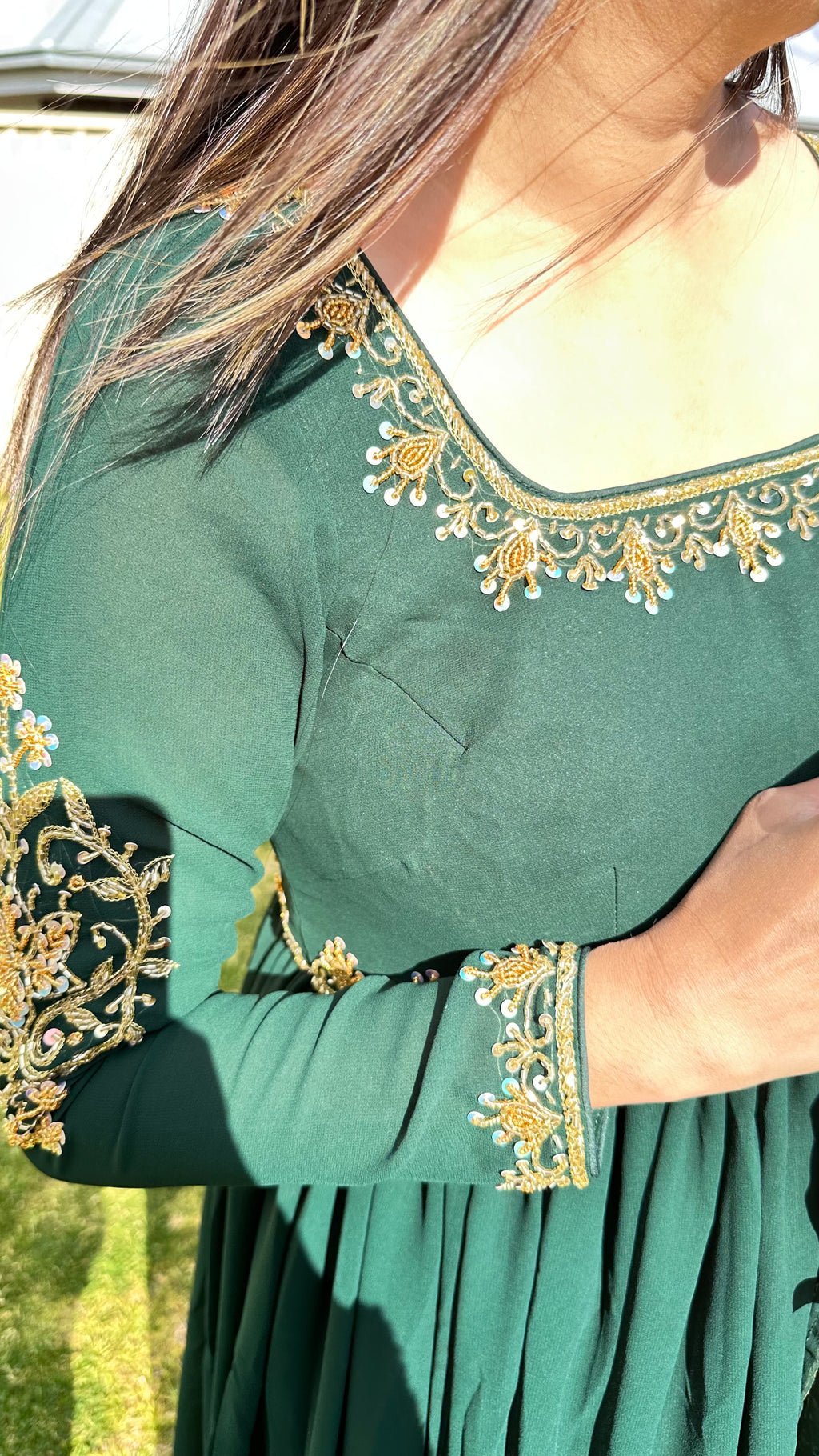 Deep green Anarkali sleeve gold zari floral embroidery detail