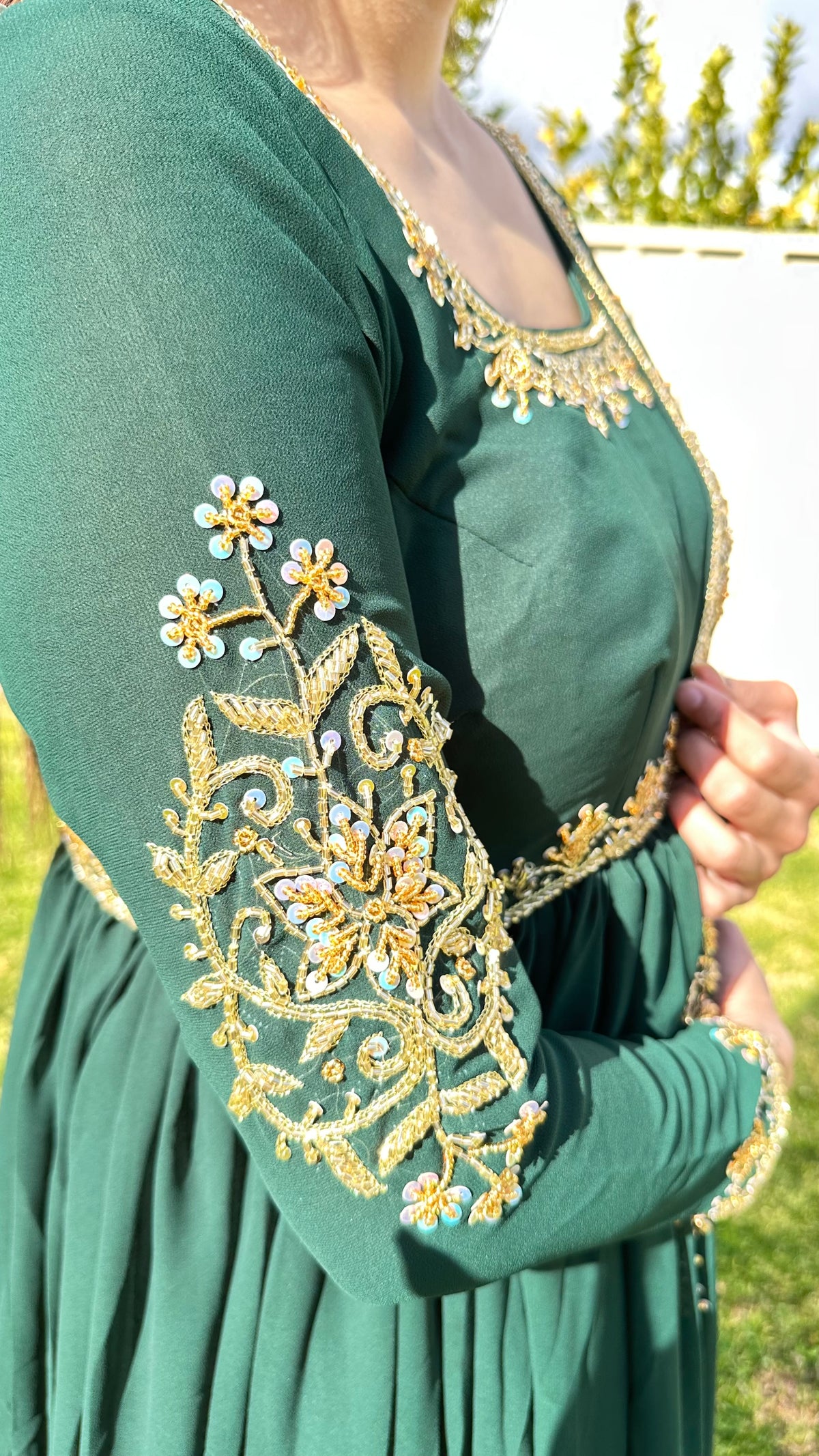 Deep green Anarkali sleeve close up sequin embroidery