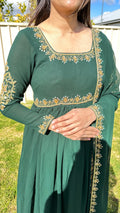 Deep green Anarkali front view - square neckline gold embroidery