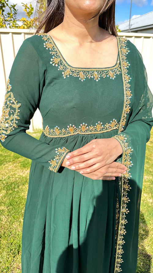 Deep green Anarkali front view - square neckline gold embroidery