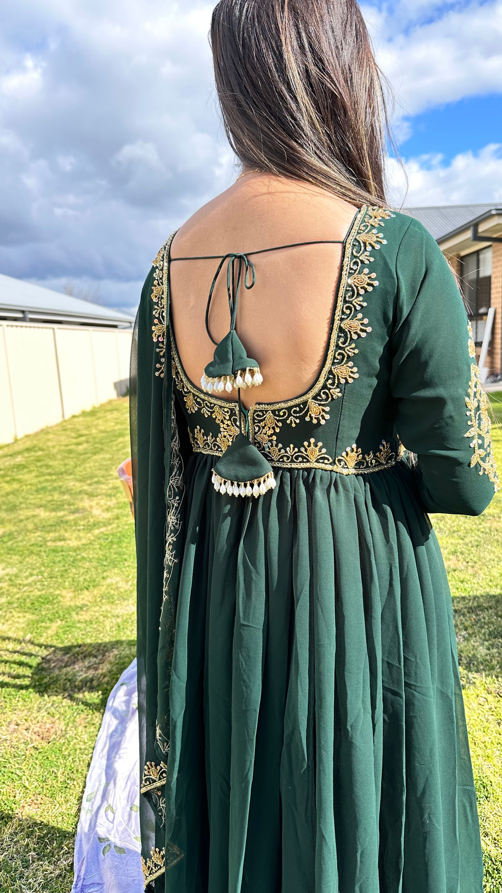 Deep green Anarkali open back with tassel tie detail