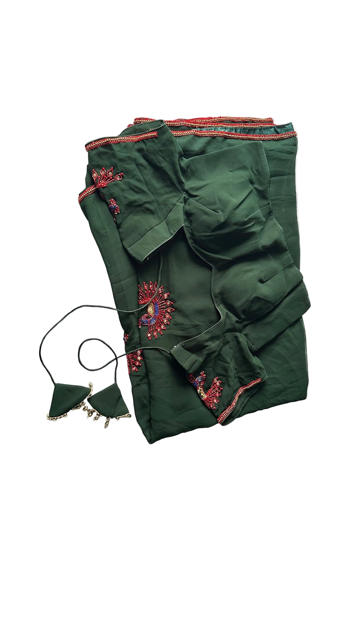 Dark green saree set with matching blouse and silver jhumka hook closure