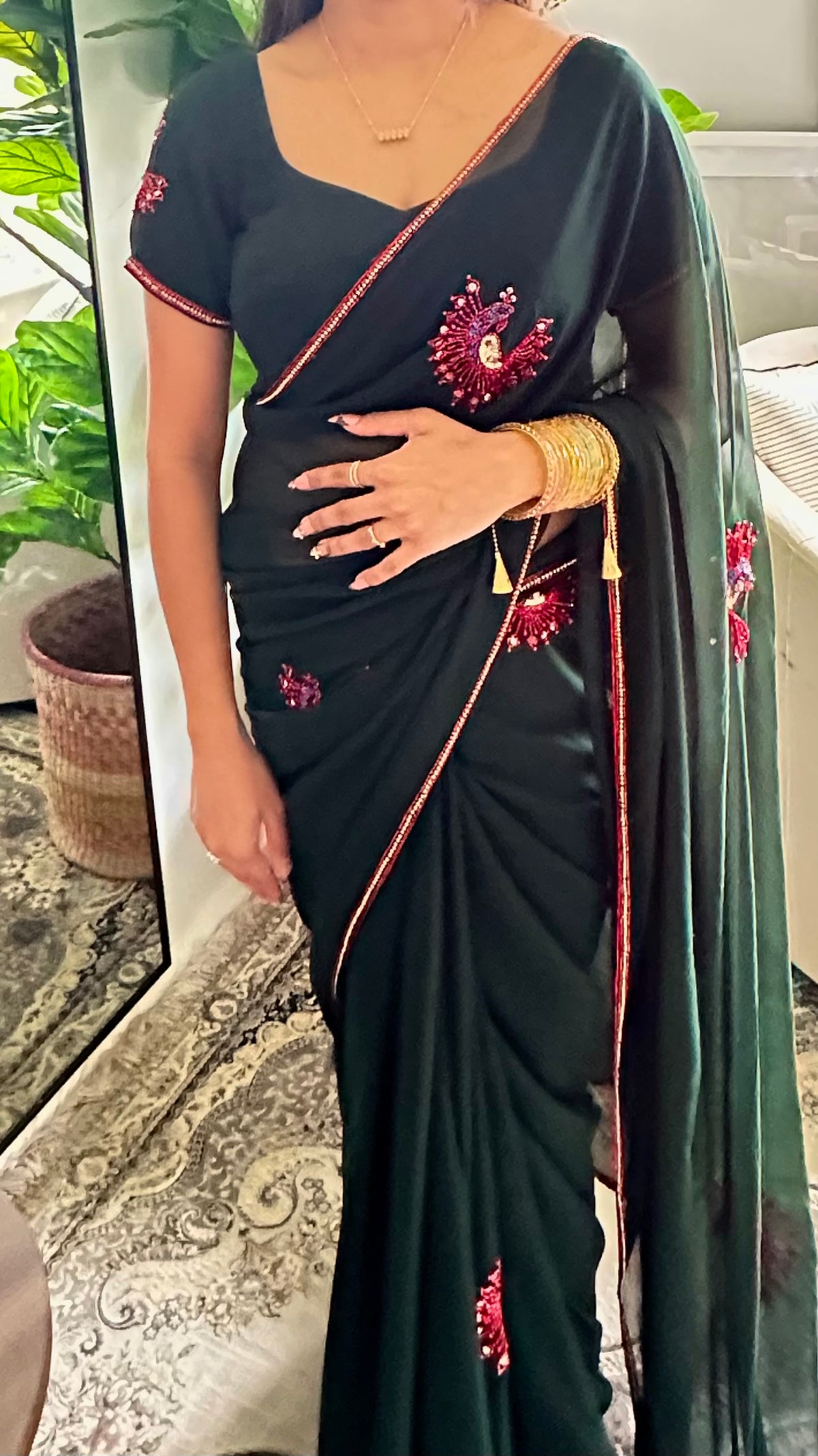 Boutique Saree Set — Dark Bottle Green Peacock Butti