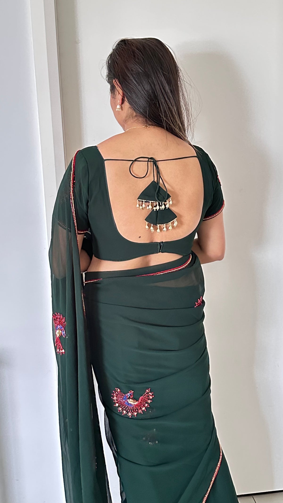Boutique Saree Set — Dark Bottle Green Peacock Butti