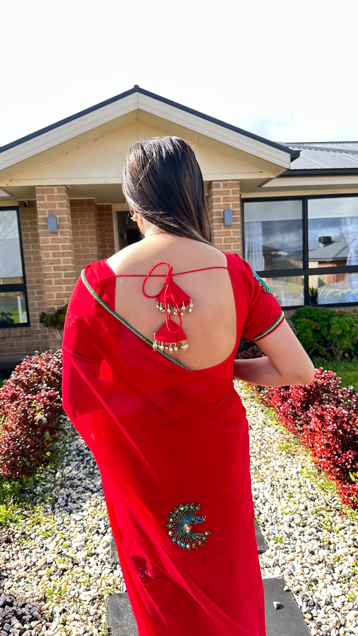 Boutique Saree Set — Deep Crimson Red Peacock Butti