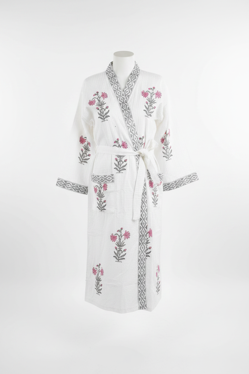 Block Print Floral Robe Pink on mannequin