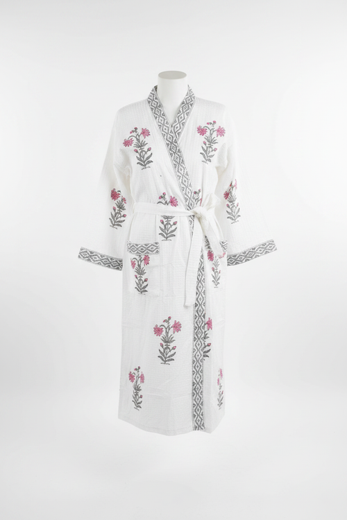 Block Print Floral Robe Pink on mannequin