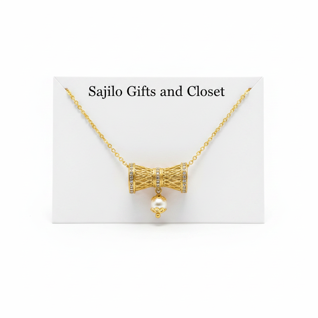 Nepali Madal drum gold-tone necklace with pearl drop product shot