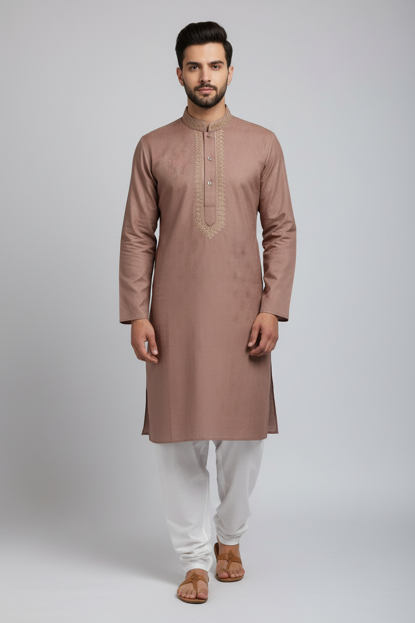 Brown embroidered men's kurta styled with a white surwal, size 42