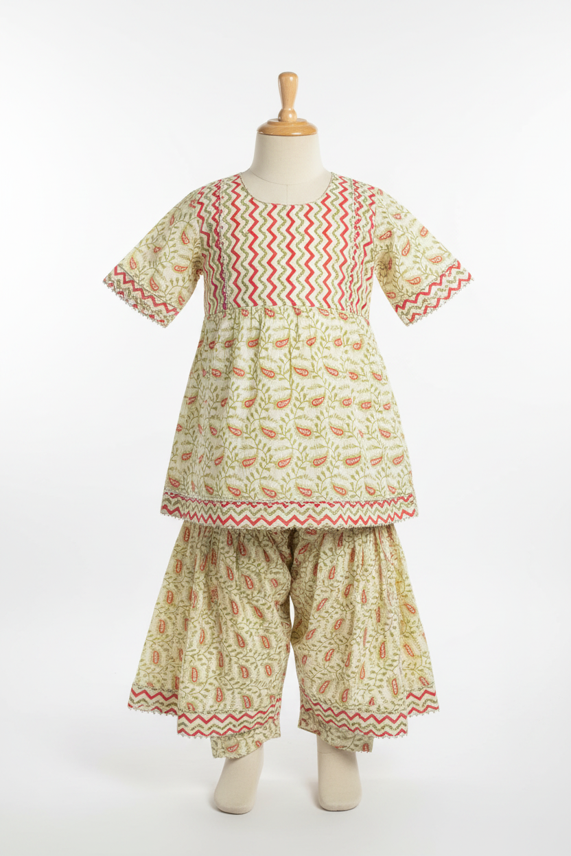 Kids Festive Kuthi Cream Paisley Block Print on mannequin