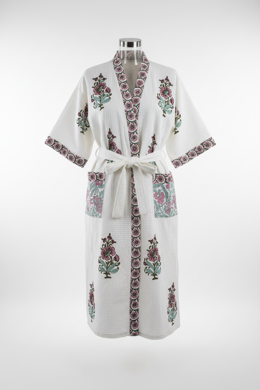 Block Print Floral Kimono Pink Mauve on mannequin