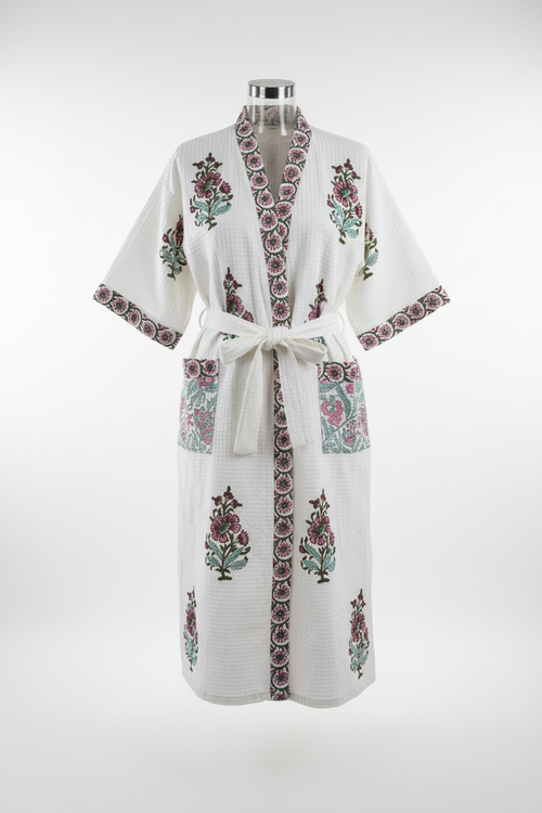 Block Print Floral Kimono Pink Mauve on mannequin