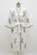 Block Print Floral Robe Yellow and Sage on mannequin
